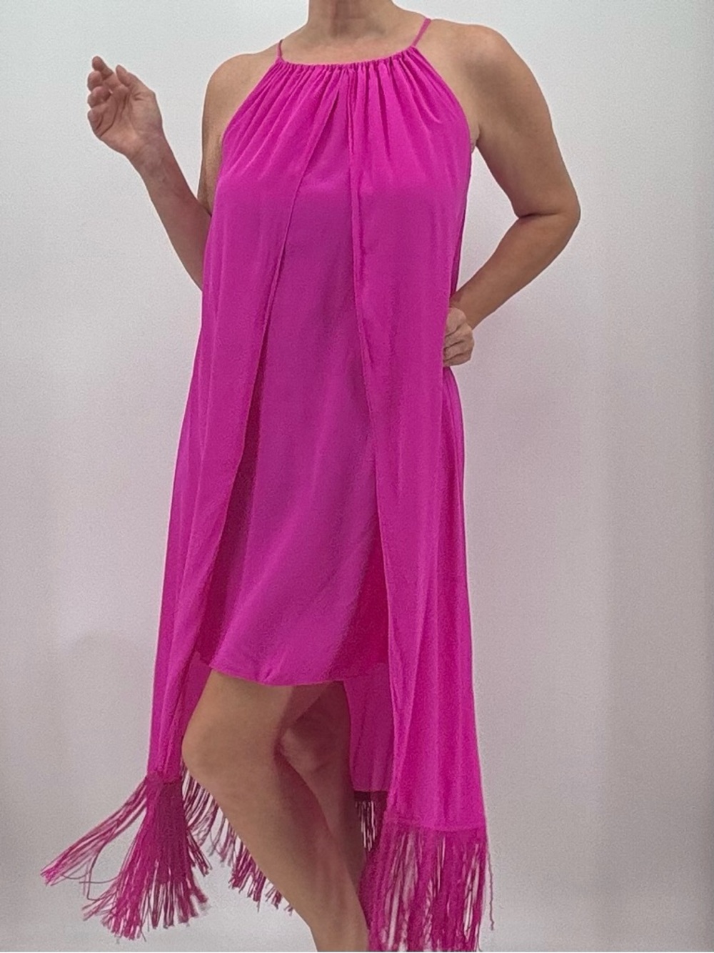 Trina Turk Kearney Resortwear Summer Fuchsia Pink Fringe Silk Trapeze Dress